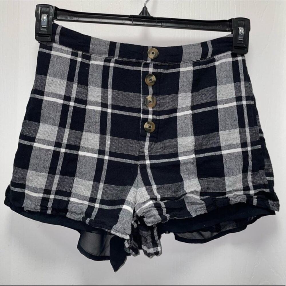 American Eagle Shorts High Waisted Button Front Plaid Gingham Checkered Linen